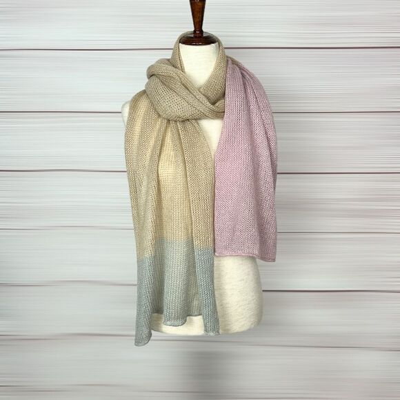 Lightweight Oblong Scarf Kid Mohair Blend Beige Pink Gray made in France - Picture 3 of 9